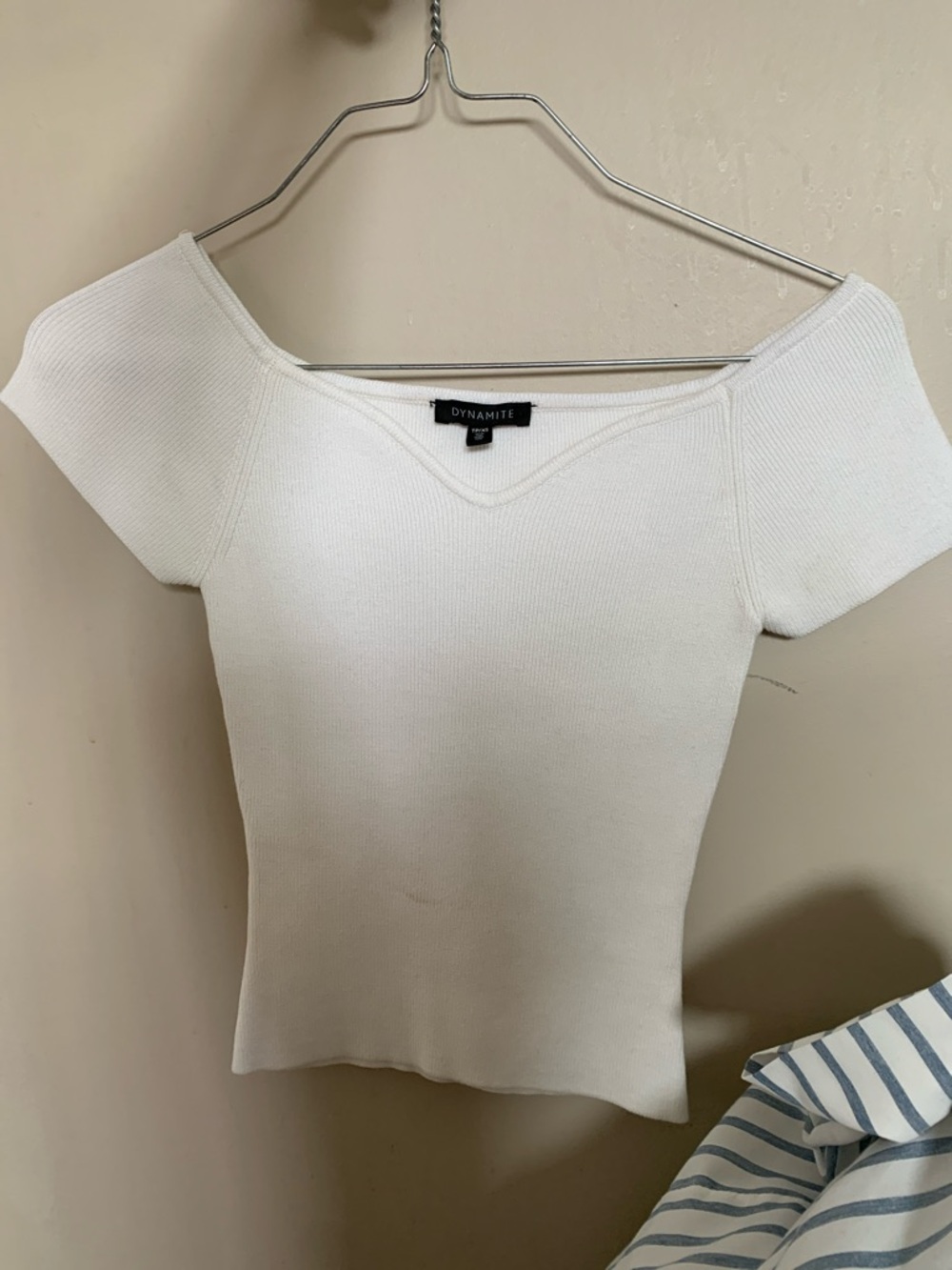 Dynamite Off-Shoulder White Ribbed Knit Crop Top